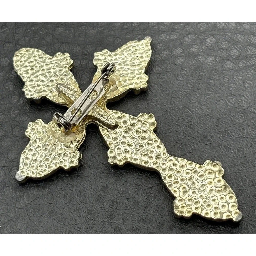 Vintage Huge Large Gold Tone Orange Enamel Cross Ornate Brooch Pin
